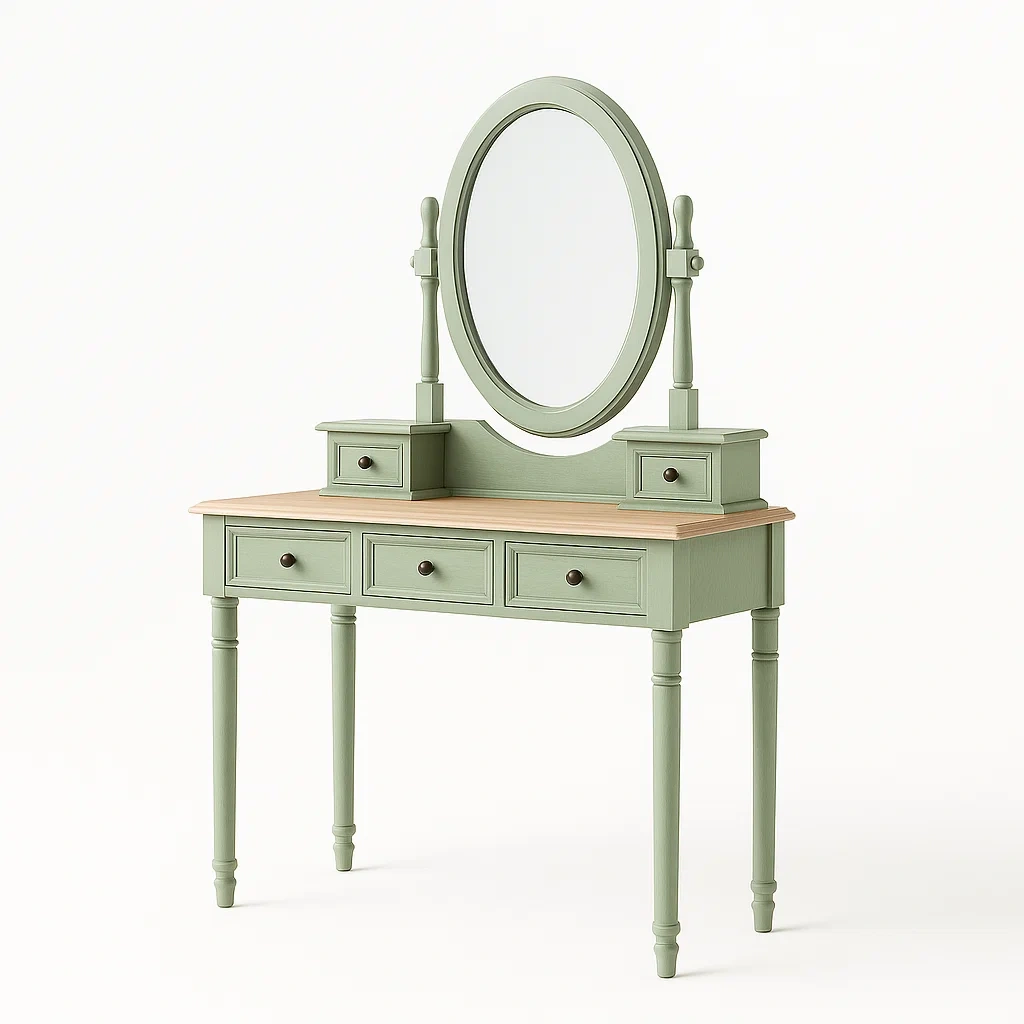 Tavoli trucco in legno con specchio ovale verde salvia