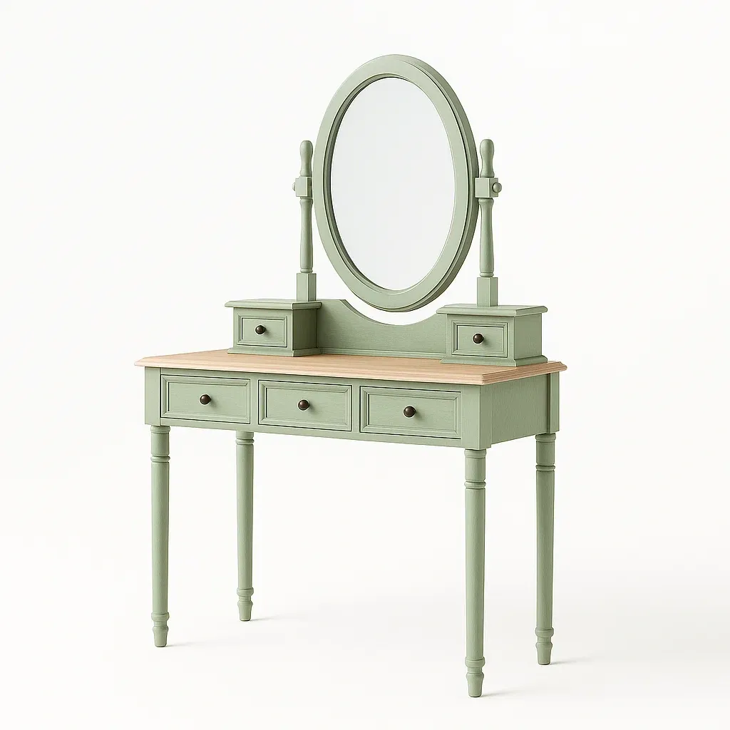 Tavoli trucco in legno con specchio ovale verde salvia