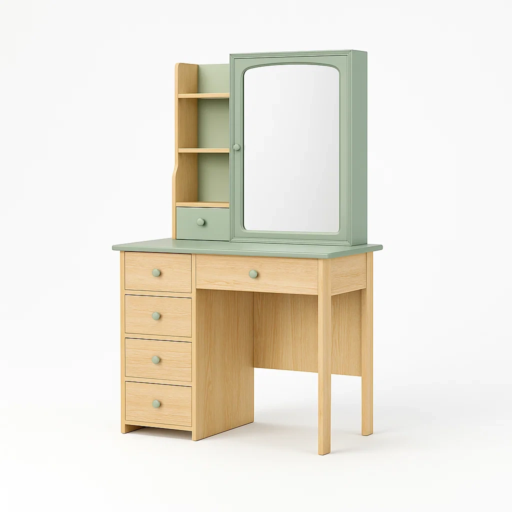 Tavoli trucco in legno con specchio e cassetti verde e naturale