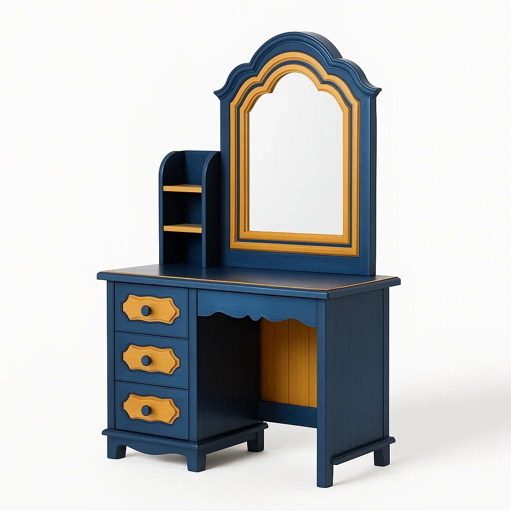 Tavoli trucco in legno per bambini con specchio e cassetti blu e giallo