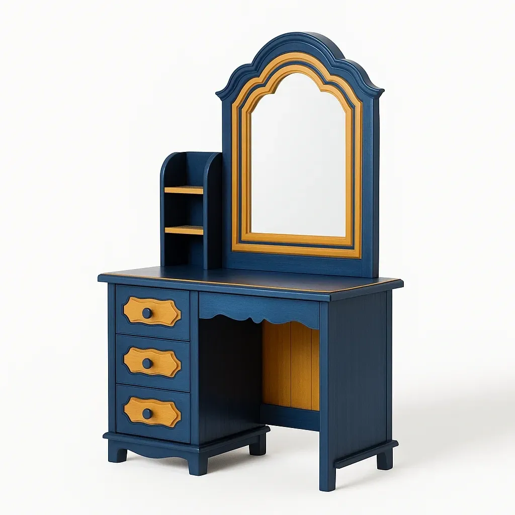 Tavoli trucco in legno per bambini con specchio e cassetti blu e giallo