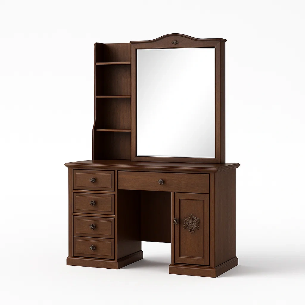 Tavoli trucco in legno con specchio e ripiani marrone