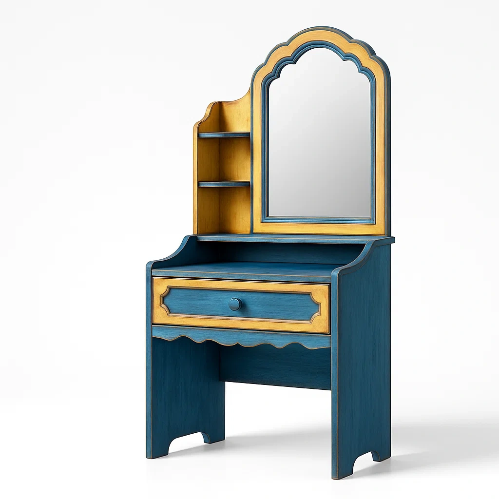 Tavoli trucco in legno MDF blu con specchio e mensole