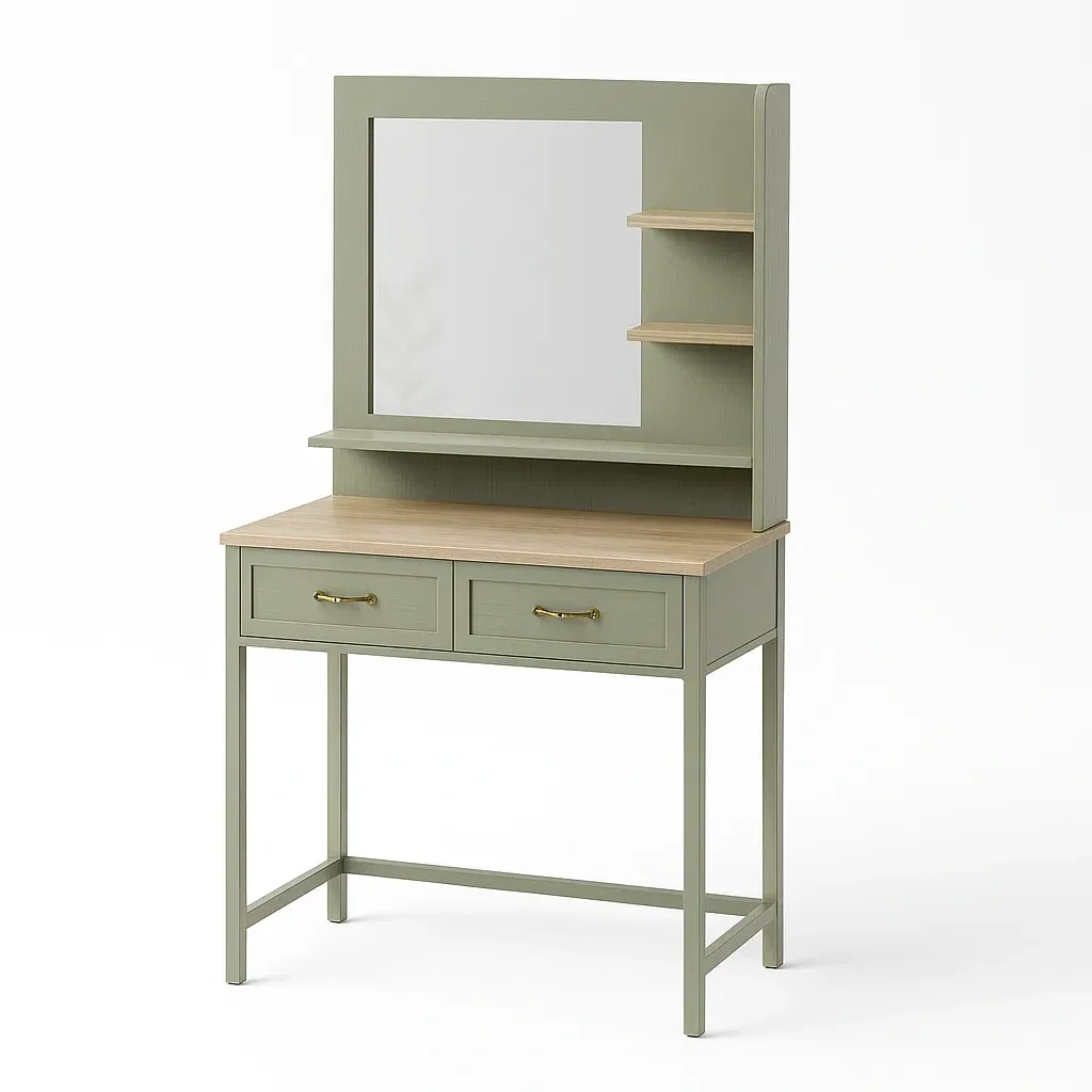Tavoli trucco con specchio e mensole in legno verde oliva con 2 cassetti