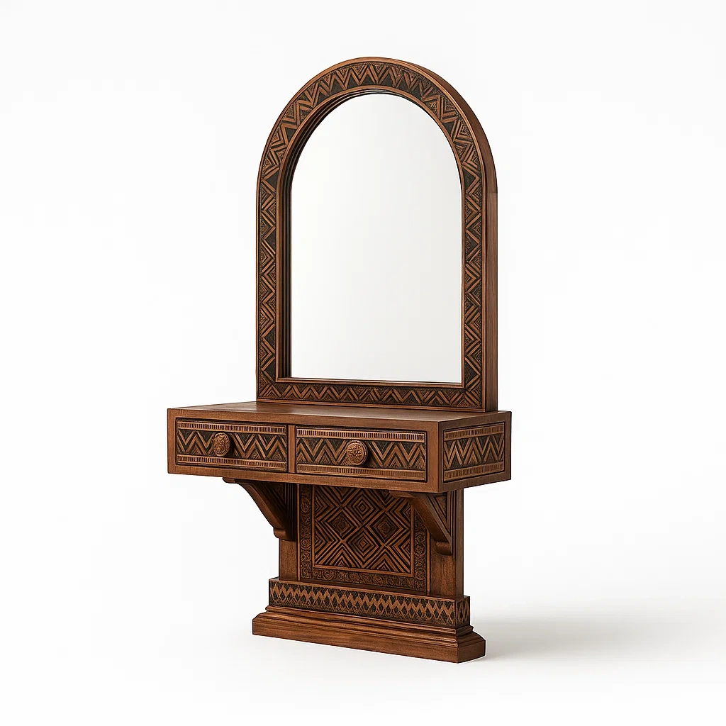 Tavoli trucco in legno massello con cassetti intarsiati e specchio da parete