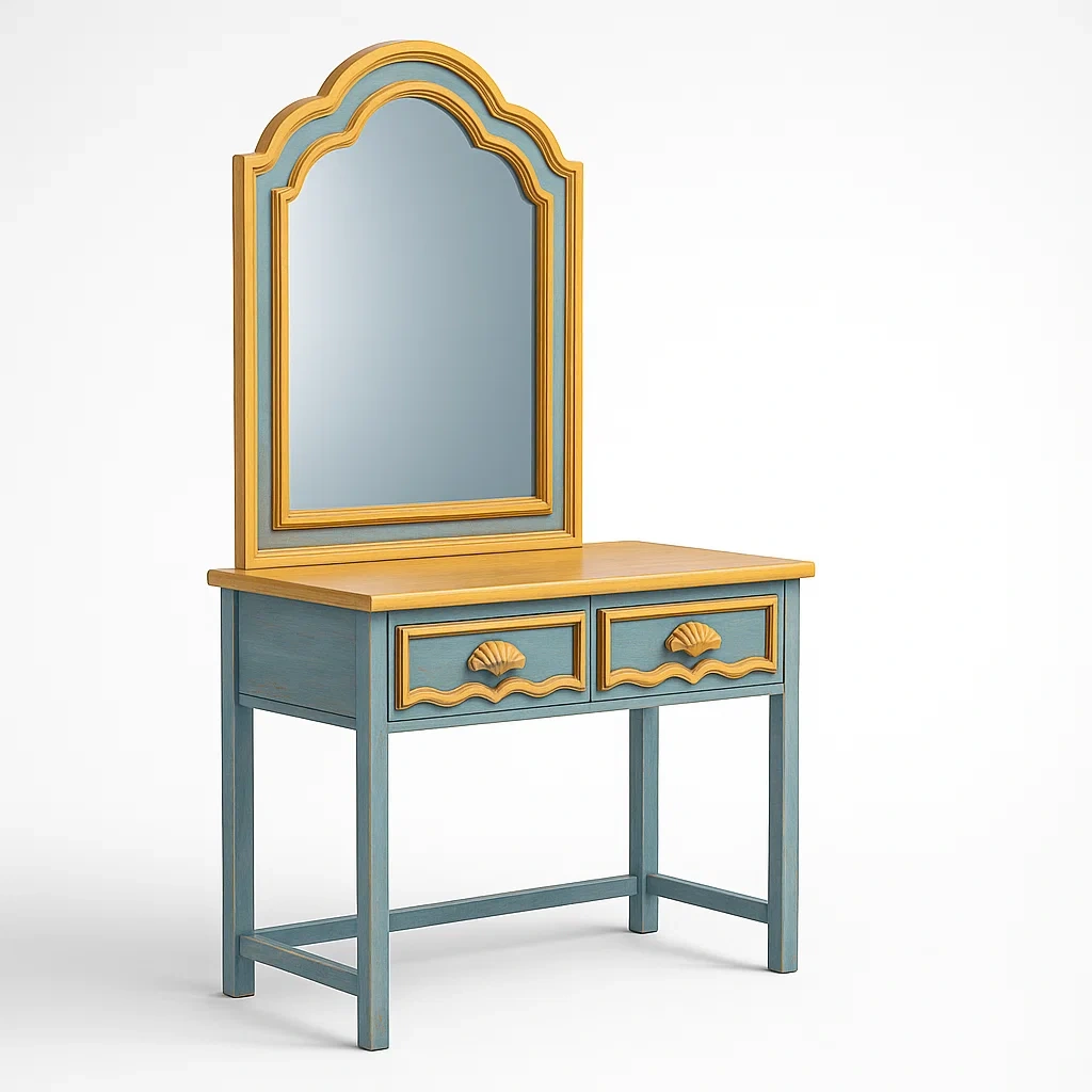 Tavoli trucco in legno blu e giallo con cassetti e specchio