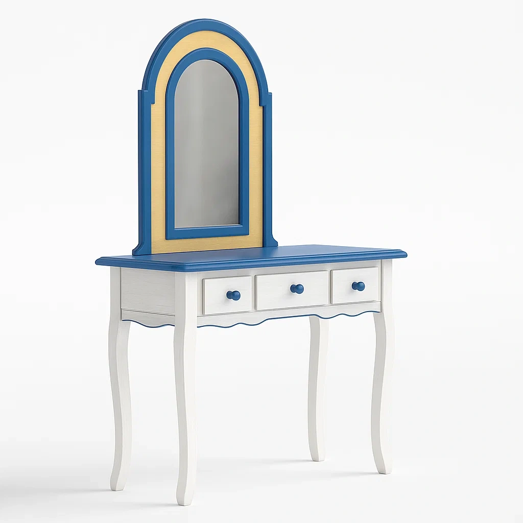 Tavoli trucco in legno con specchio arcuato bianco e blu
