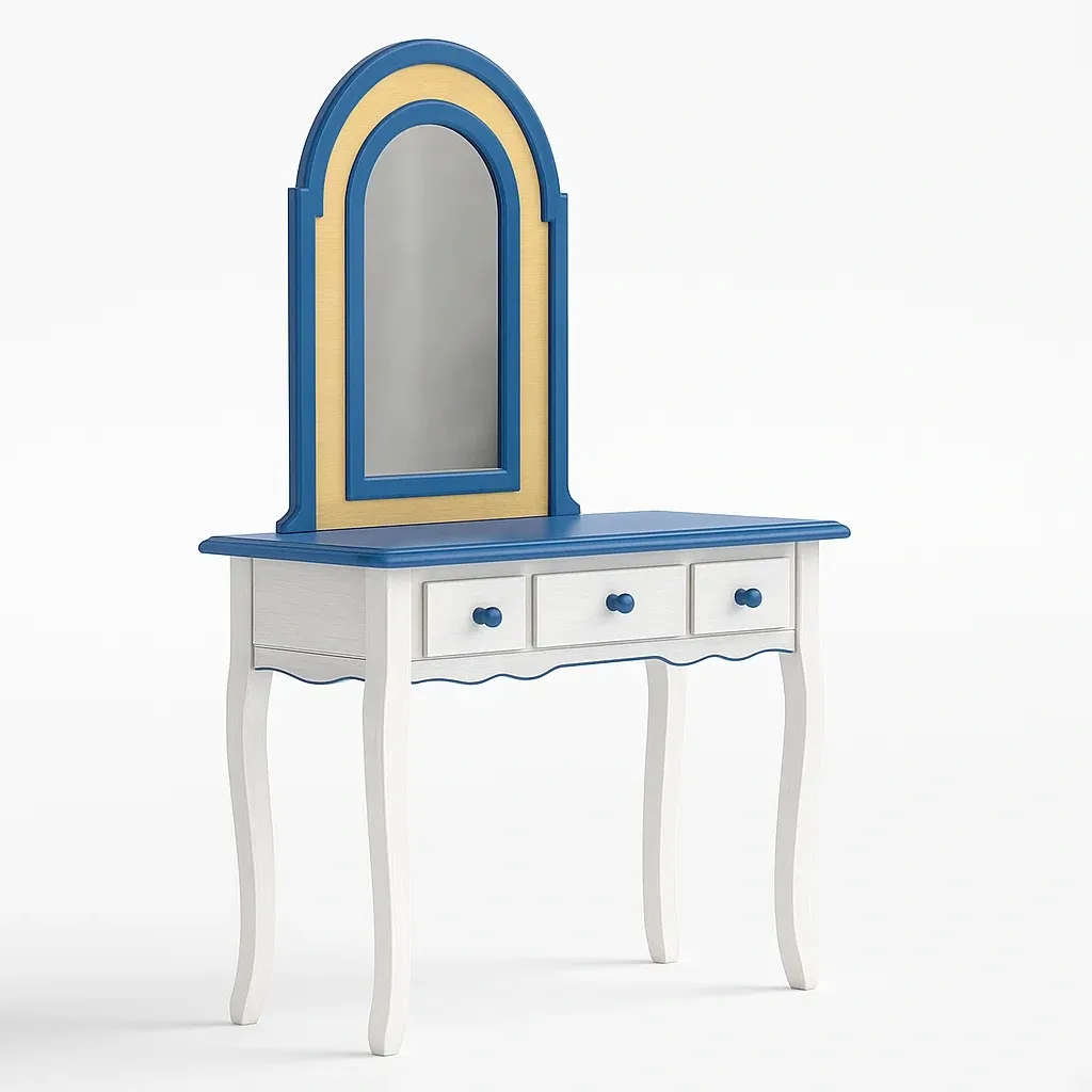 Tavoli trucco in legno con specchio arcuato bianco e blu