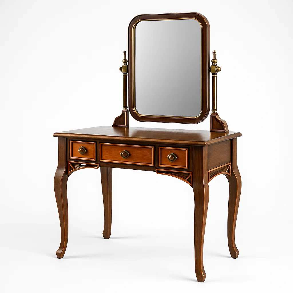 Tavoli trucco in legno con specchio e 3 cassetti marrone