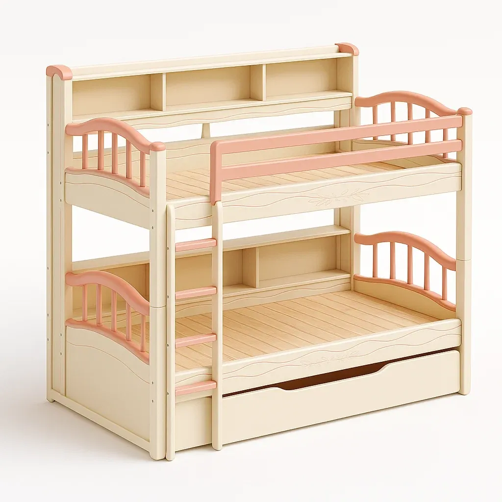 Letti a castello per bambini in legno beige e rosa con scaffali e cassetto