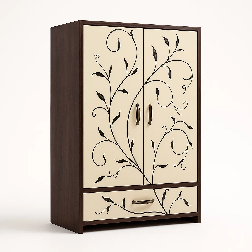 Armadi in legno con disegno decorativo, due ante e cassetto, marrone crema