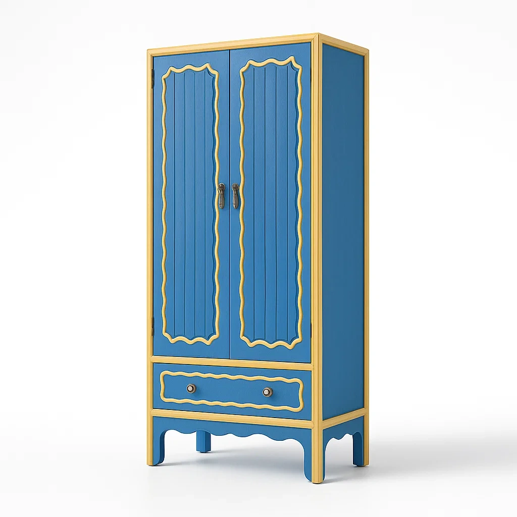 Armadi in legno a due ante con cassetto blu e giallo