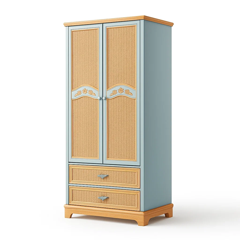 Armadi in legno e rattan con due ante e cassetti azzurro