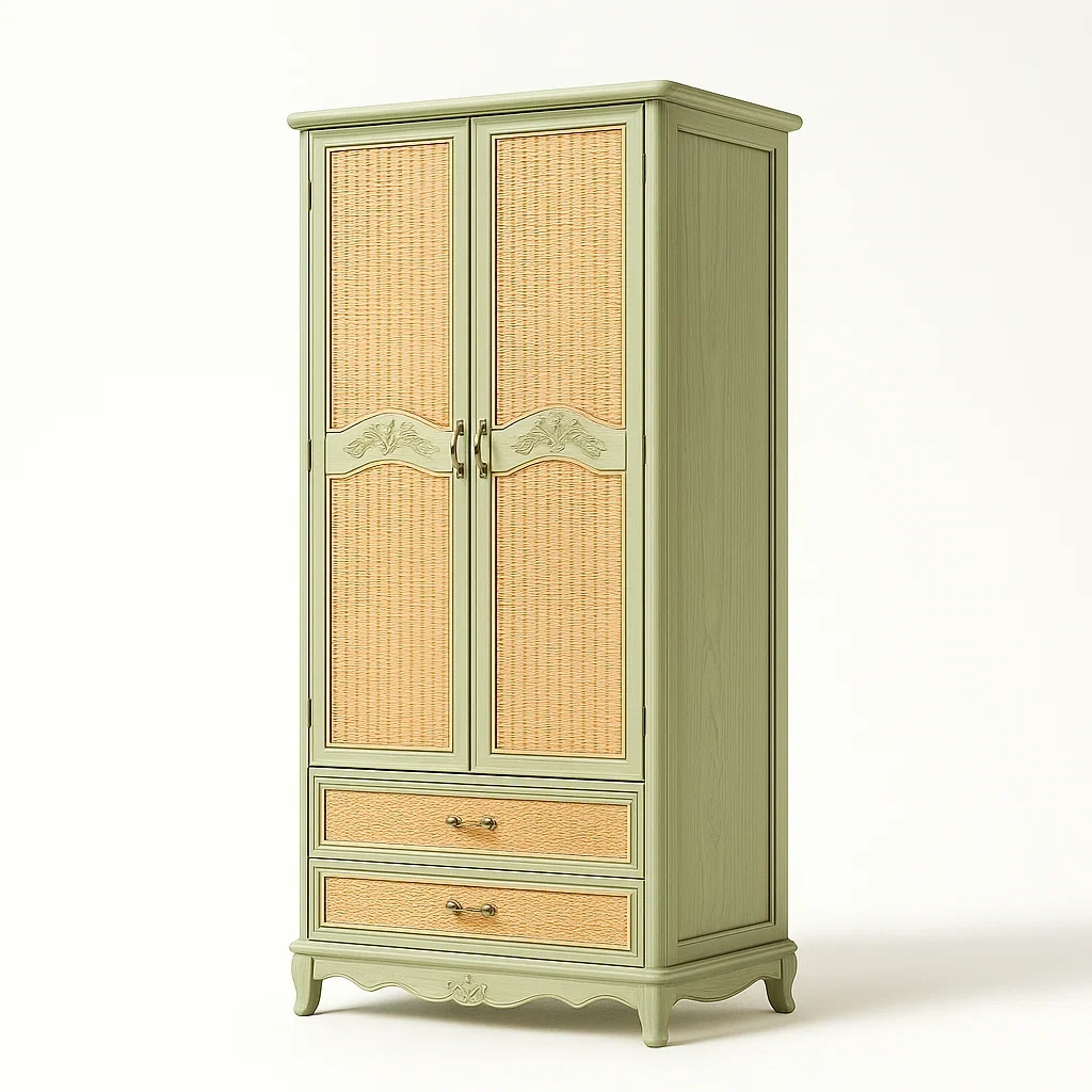 Armadi in legno verde con ante in rattan e cassetti