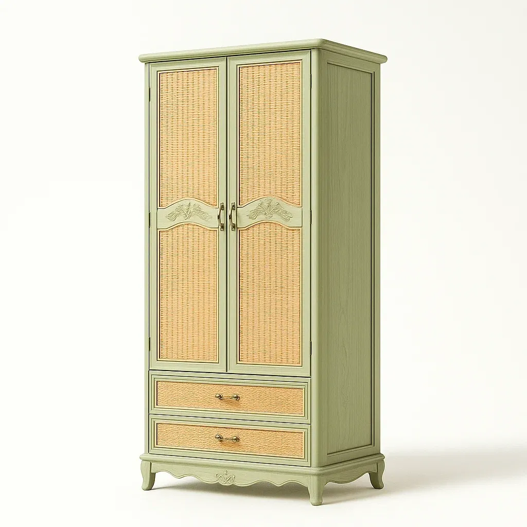 Armadi in legno verde con ante in rattan e cassetti
