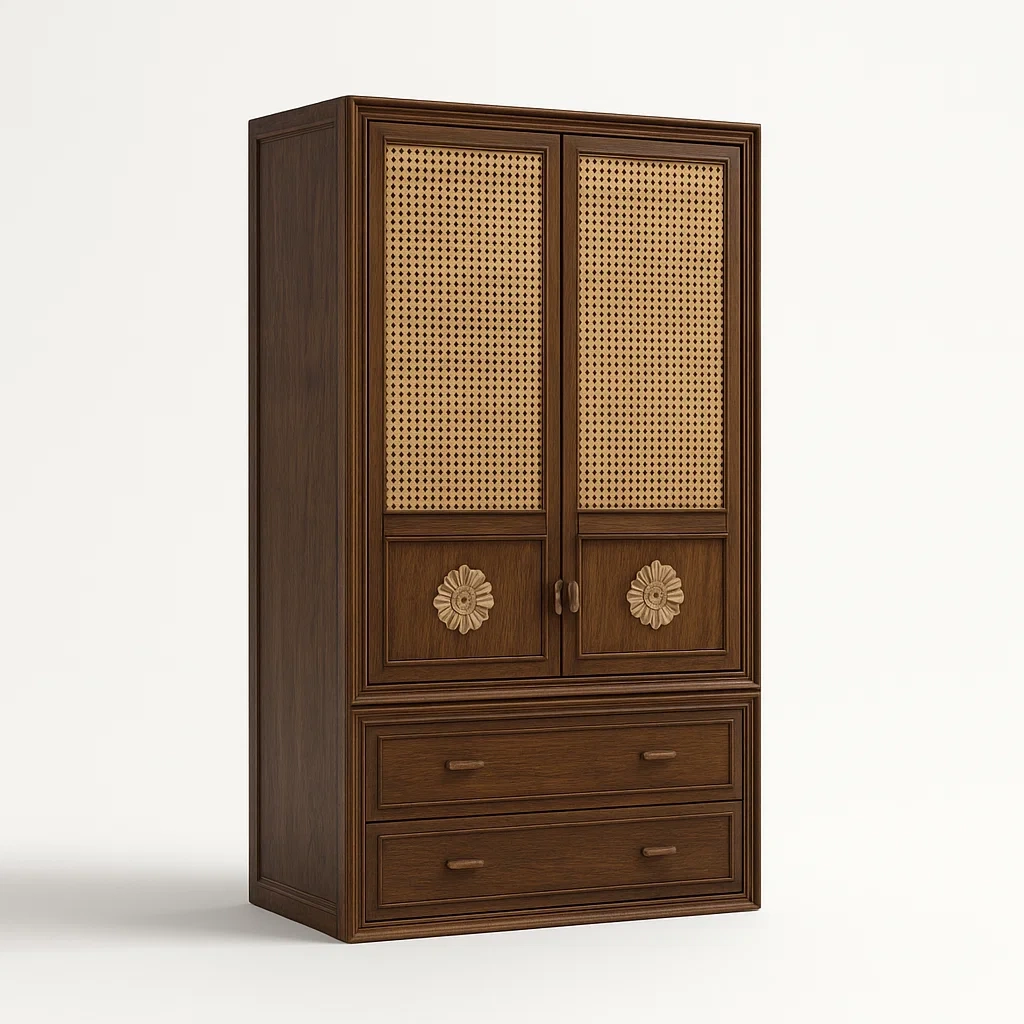 Armadi in legno con ante in rattan e cassetti marrone 180×90×50 cm