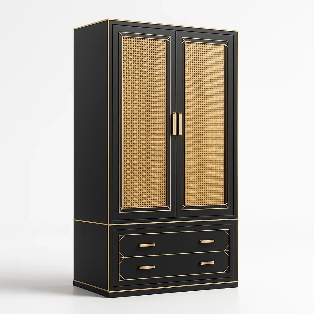 Armadi nero dorato con ante in rattan e cassetti MDF 200×100×50 cm