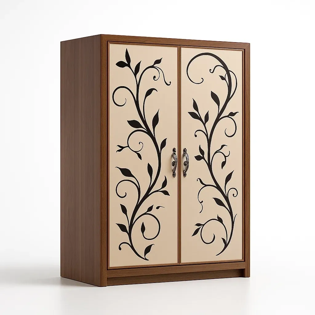 Armadi a due ante in legno marrone con decorazioni verdi e beige