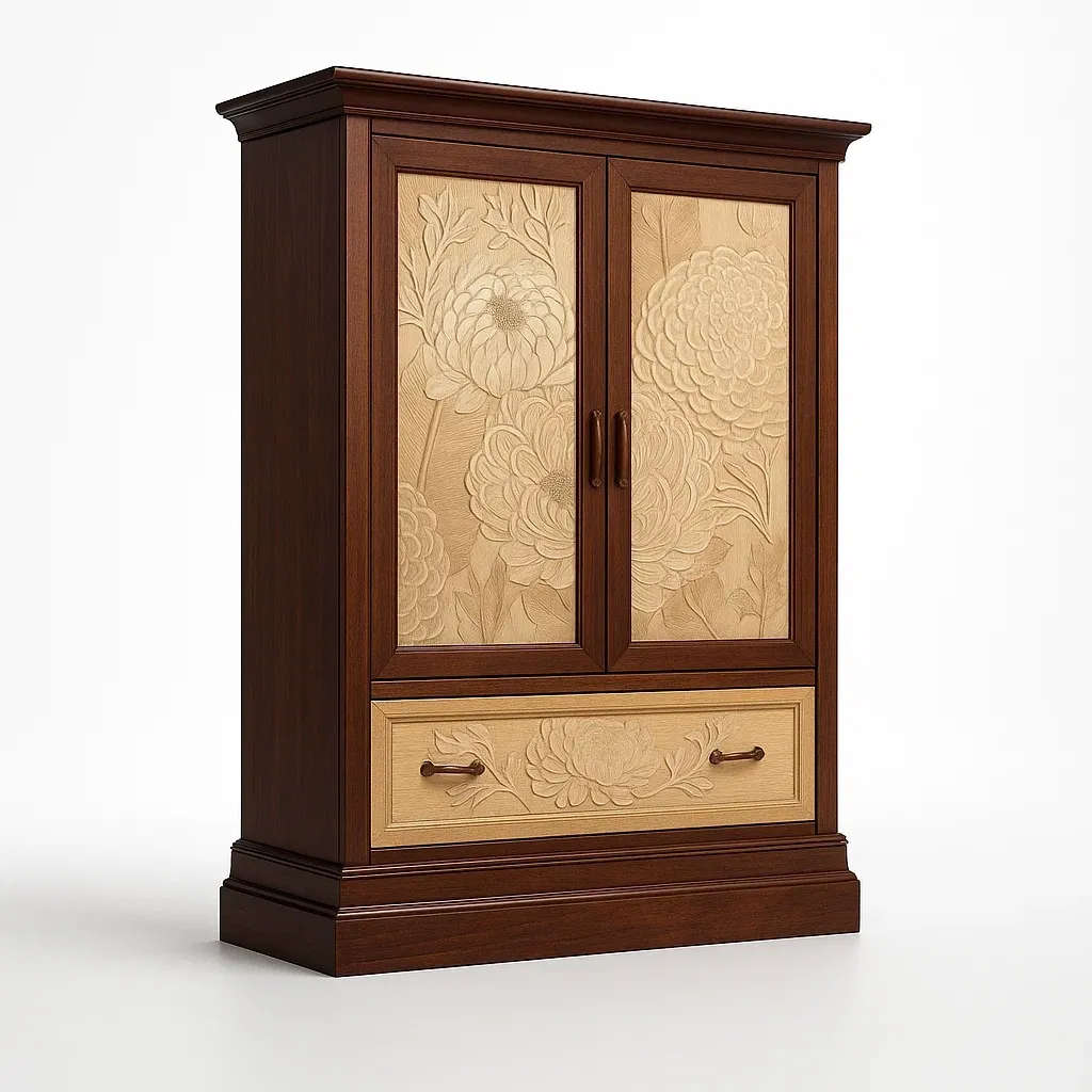 Armadi in legno massello con intagli floreali marrone e beige