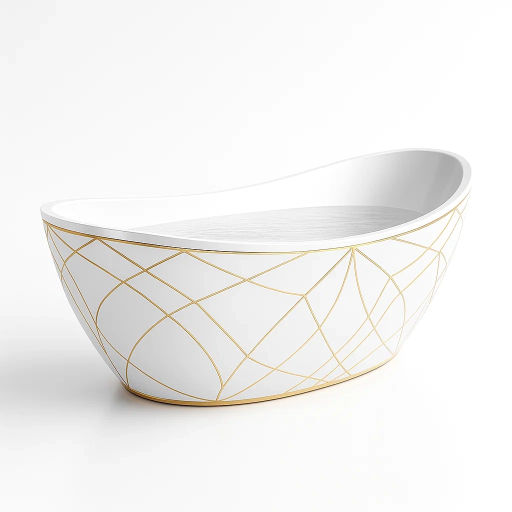 Vasche da bagno ovale in ceramica bianca con motivi dorati 170×80×60 cm