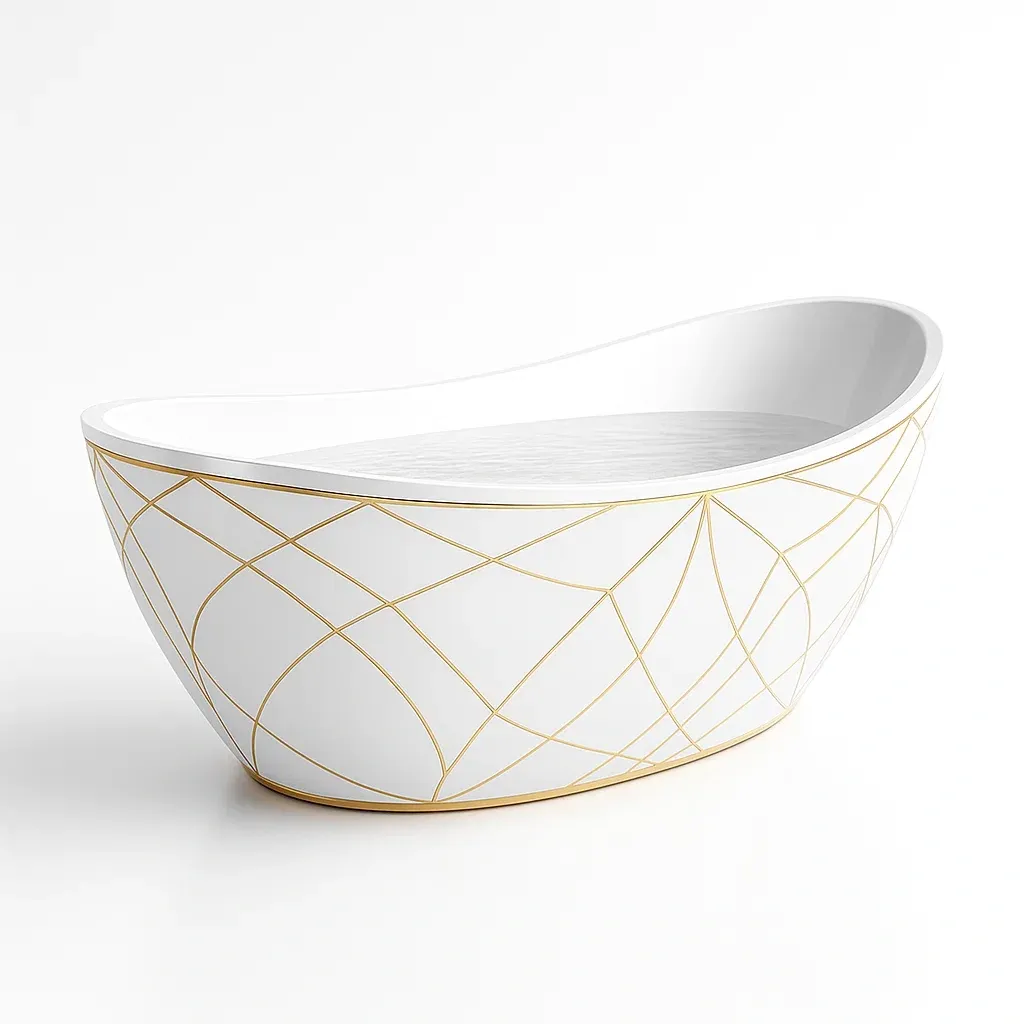 Vasche da bagno ovale in ceramica bianca con motivi dorati 170×80×60 cm