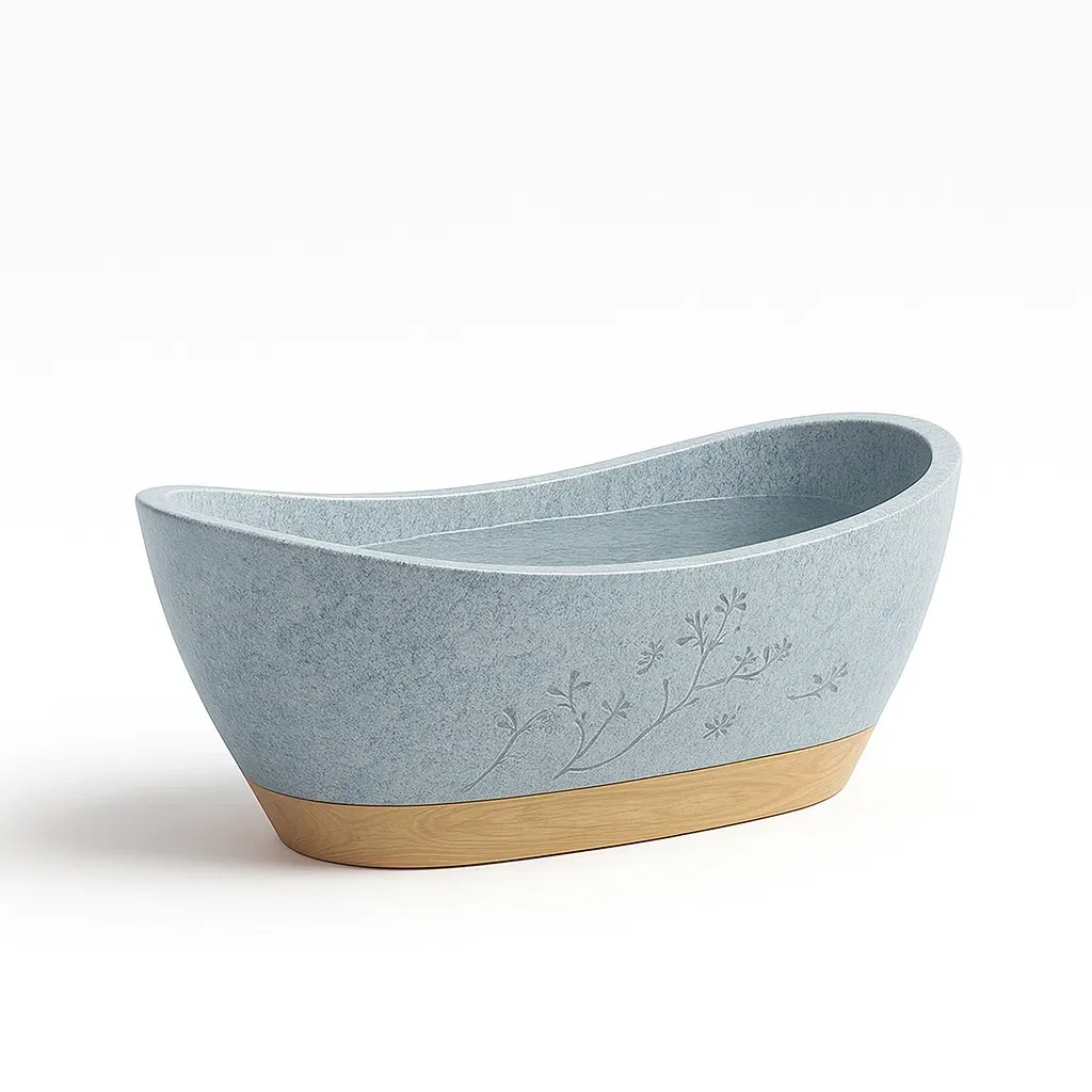 Vasche da bagno freestanding ovale in pietra composita grigio blu con base in legno