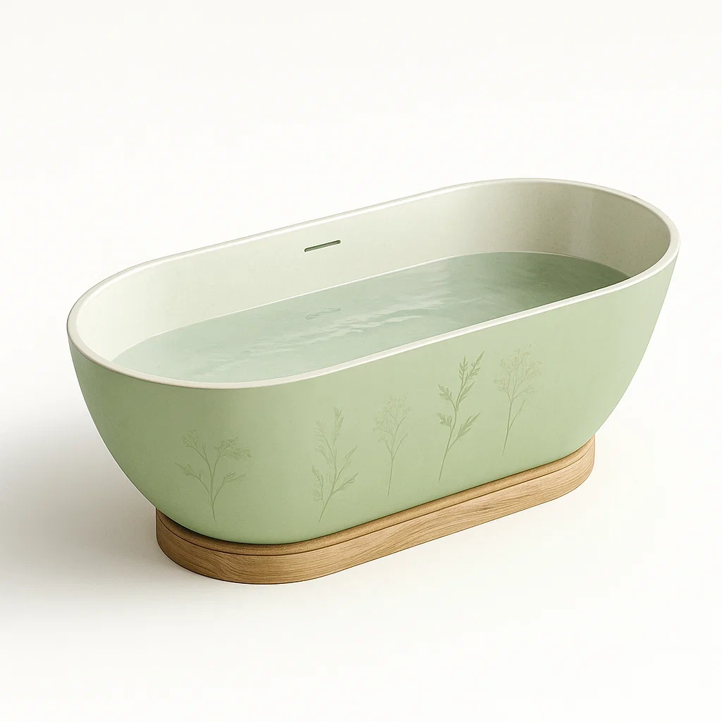 Vasche da bagno ovale in acrilico verde con base in legno