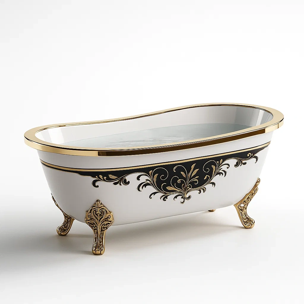 Vasche da bagno in ceramica con decorazioni floreali e piedi dorati