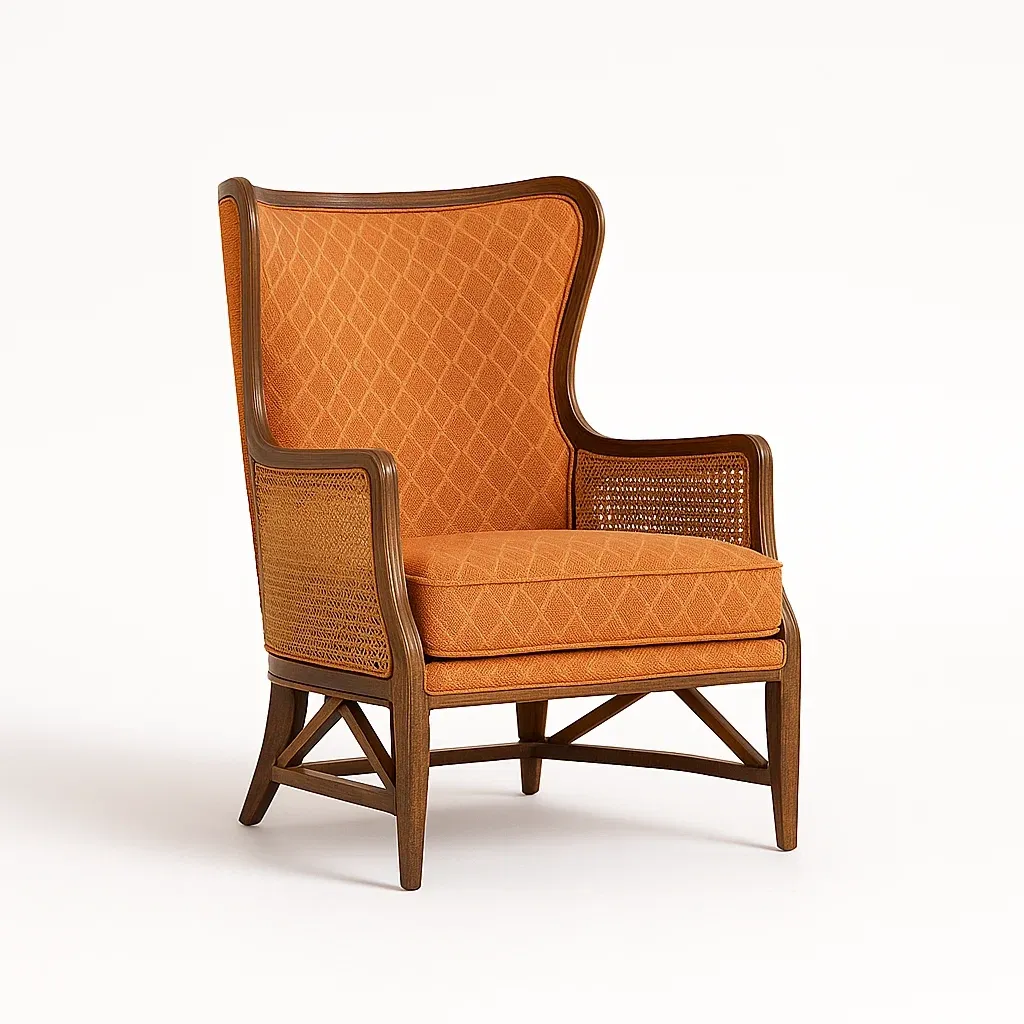 Poltrone relax in legno e tessuto arancione con schienale alto