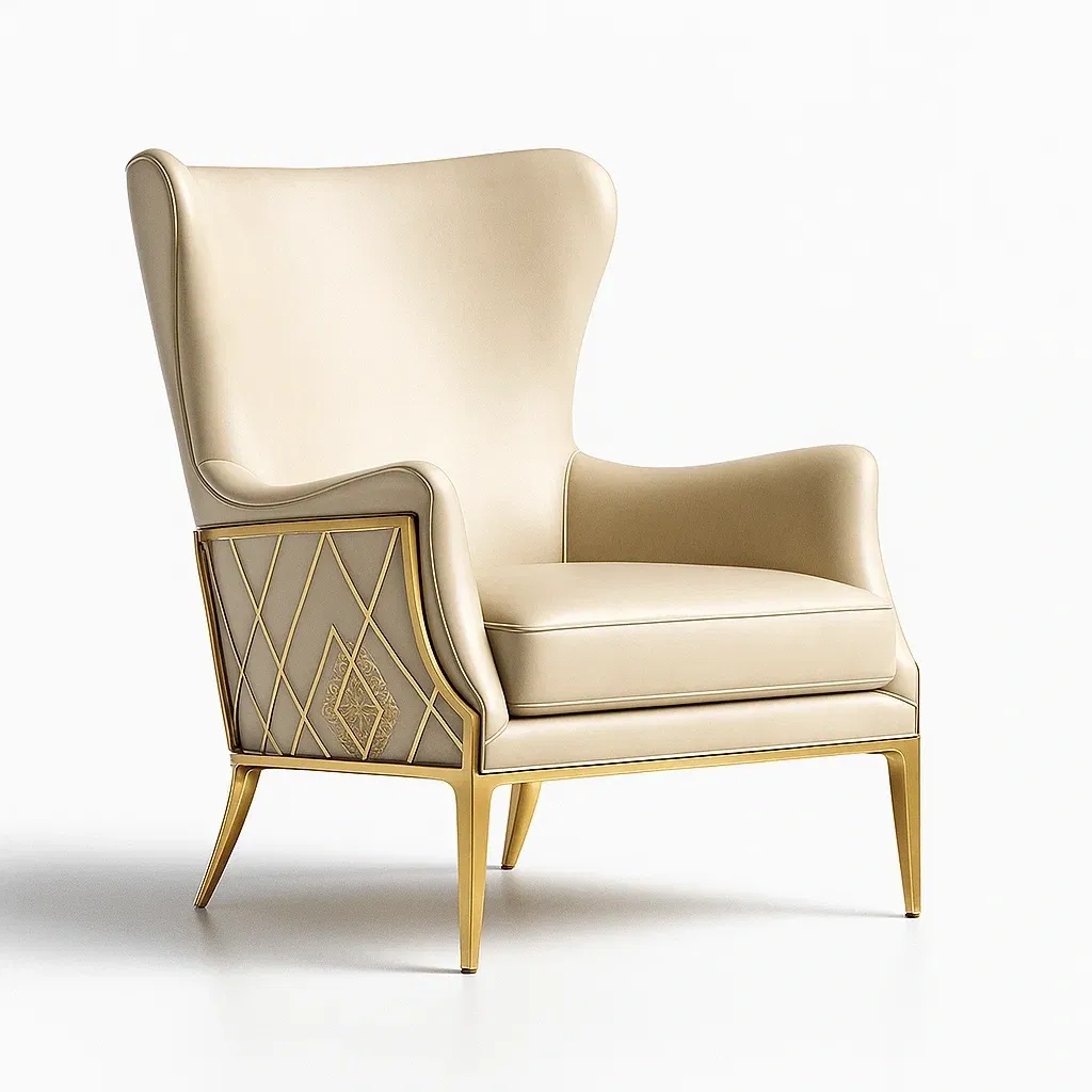 Poltrone relax in pelle beige con struttura in metallo dorato