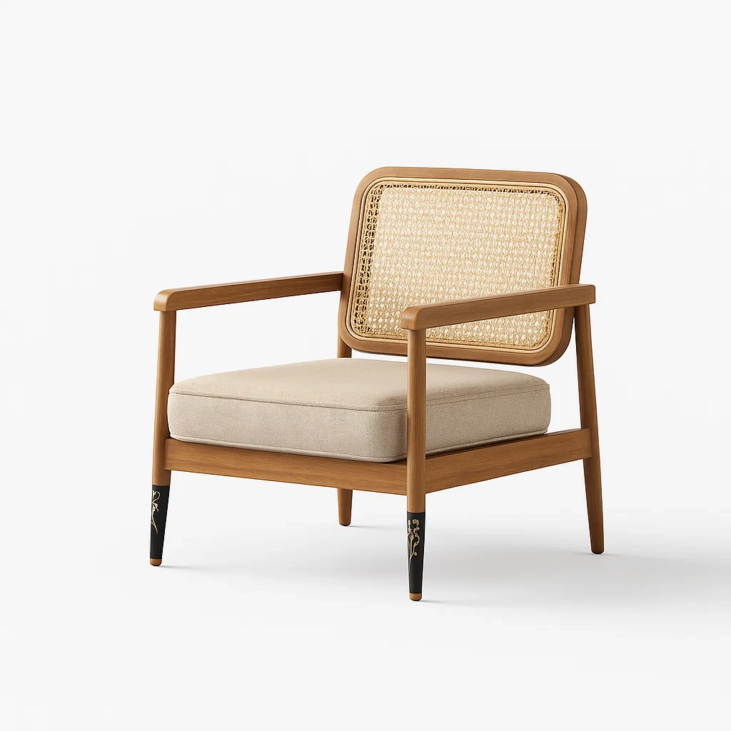 Poltrone relax in legno con seduta imbottita crema e schienale in rattan