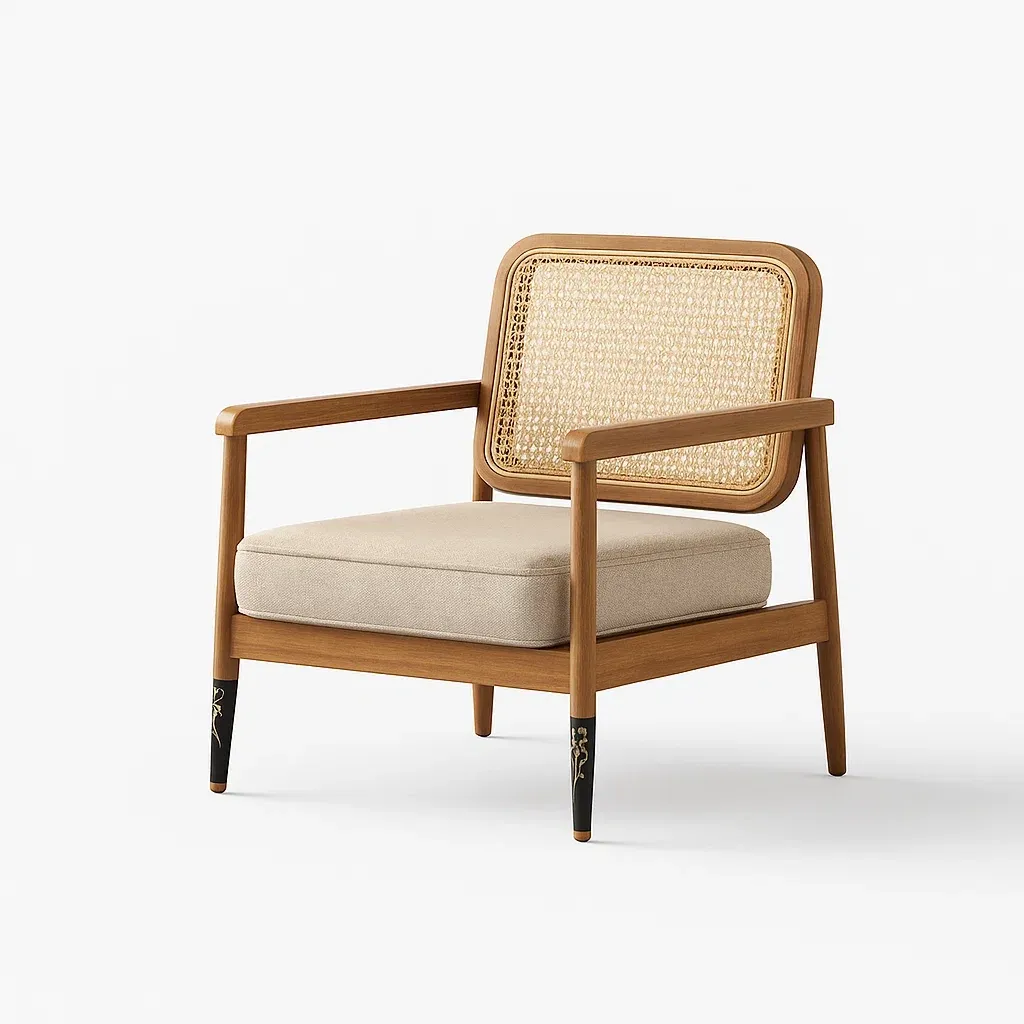 Poltrone relax in legno con seduta imbottita crema e schienale in rattan