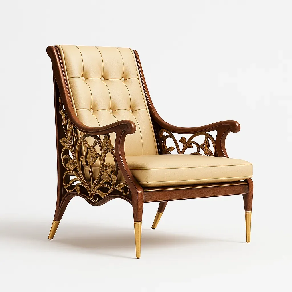 Poltrone relax in pelle beige con struttura in legno intagliato