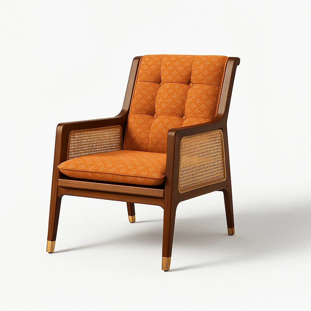 Poltrone relax in legno con cuscini in tessuto arancione