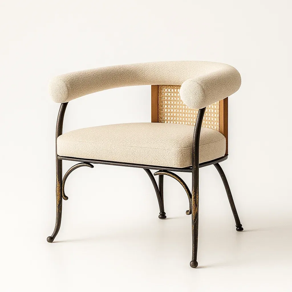 Poltrone relax in metallo con seduta in tessuto e schienale in canna di Vienna beige