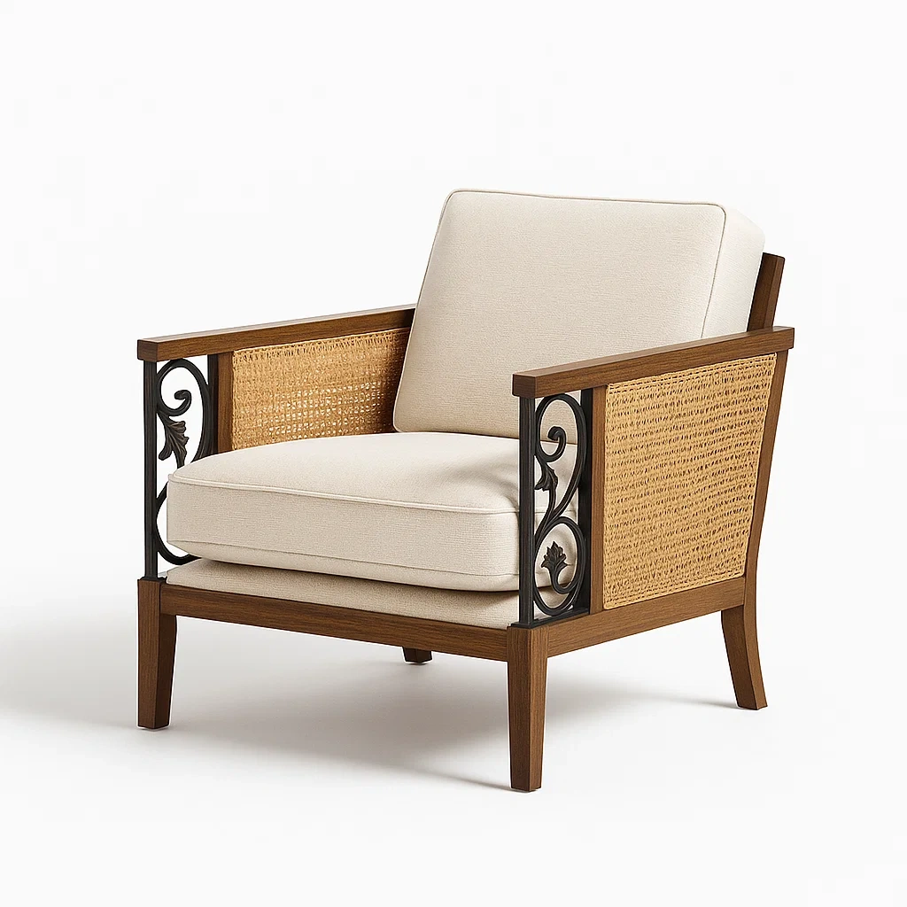 Poltrone relax in tessuto beige con struttura in legno e dettagli in metallo decorativi e rattan