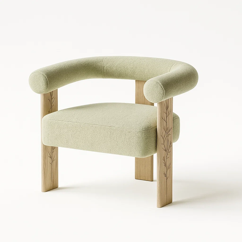 Poltrone relax in tessuto verde e legno di quercia con schienale curvo