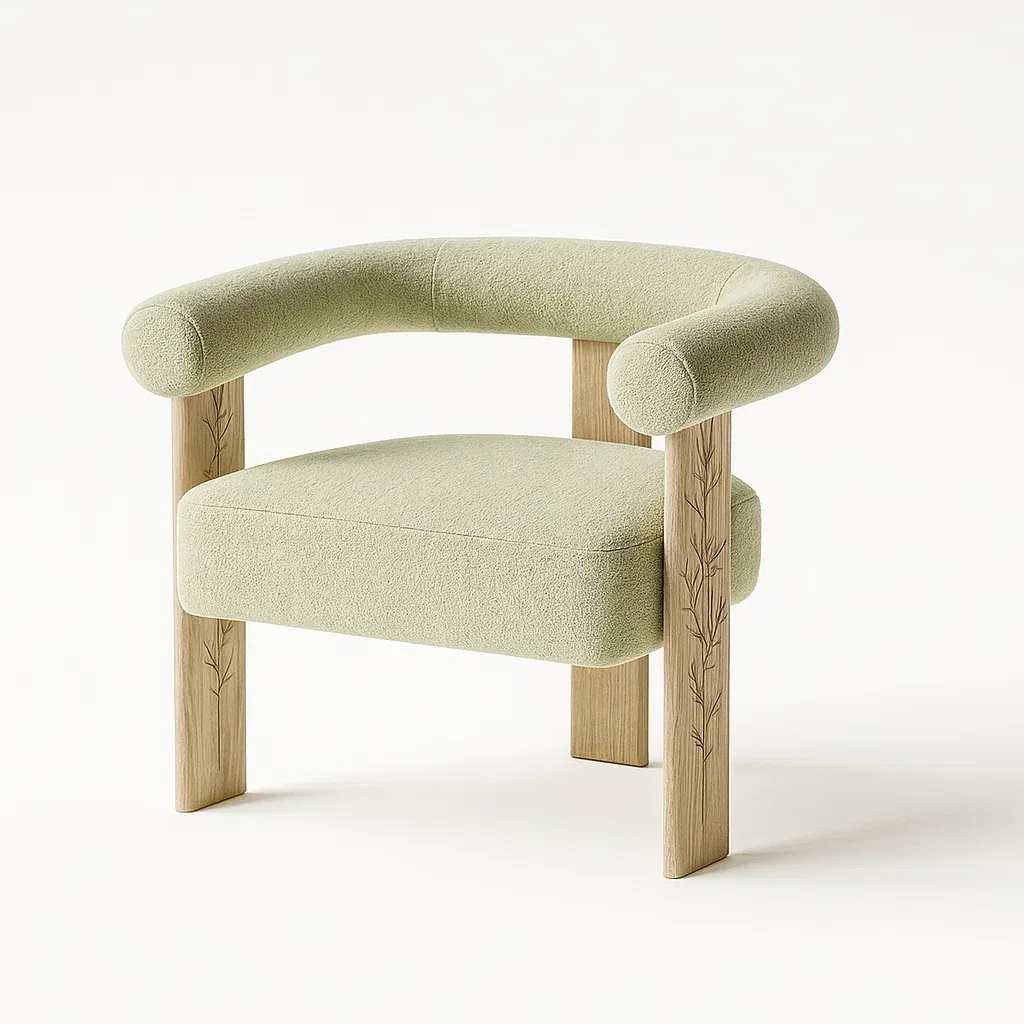 Poltrone relax in tessuto verde e legno di quercia con schienale curvo