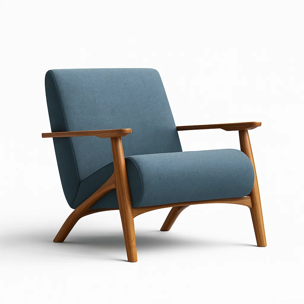 Poltrone relax in tessuto blu con struttura in legno di noce