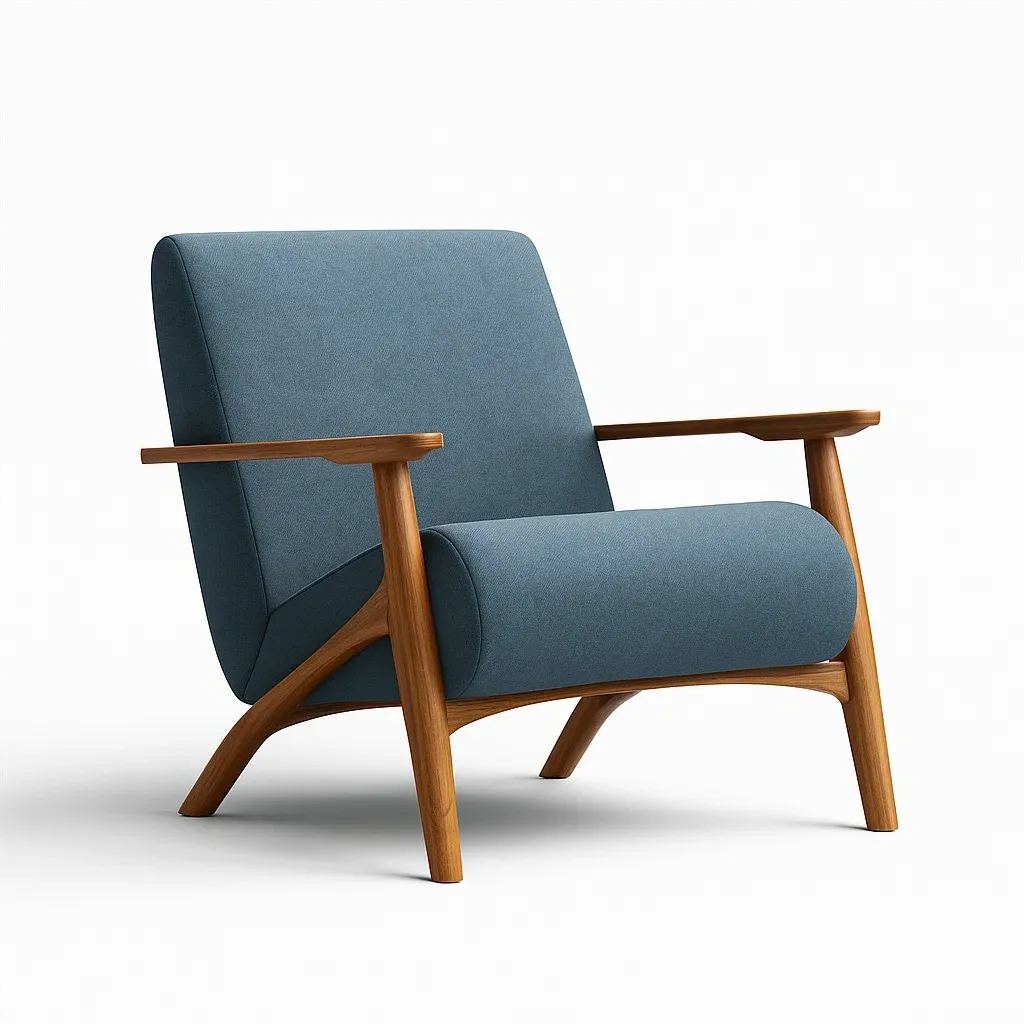 Poltrone relax in tessuto blu con struttura in legno di noce