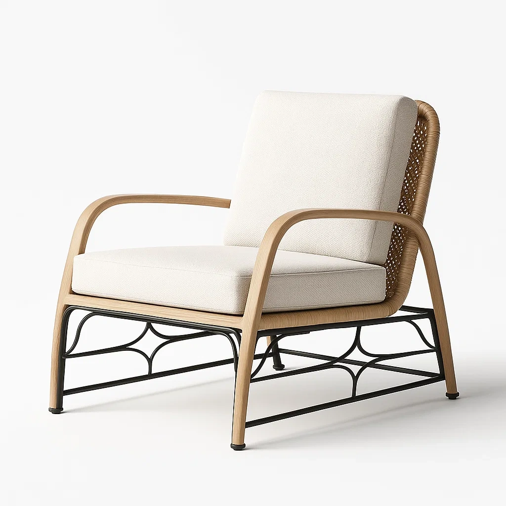 Poltrone relax in legno e metallo con rivestimento in tessuto beige