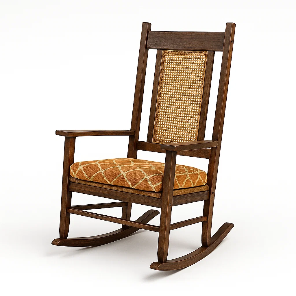 Sedie a dondolo in legno con schienale intrecciato e seduta arancione