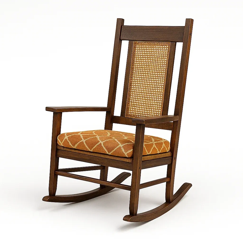 Sedie a dondolo in legno con schienale intrecciato e seduta arancione