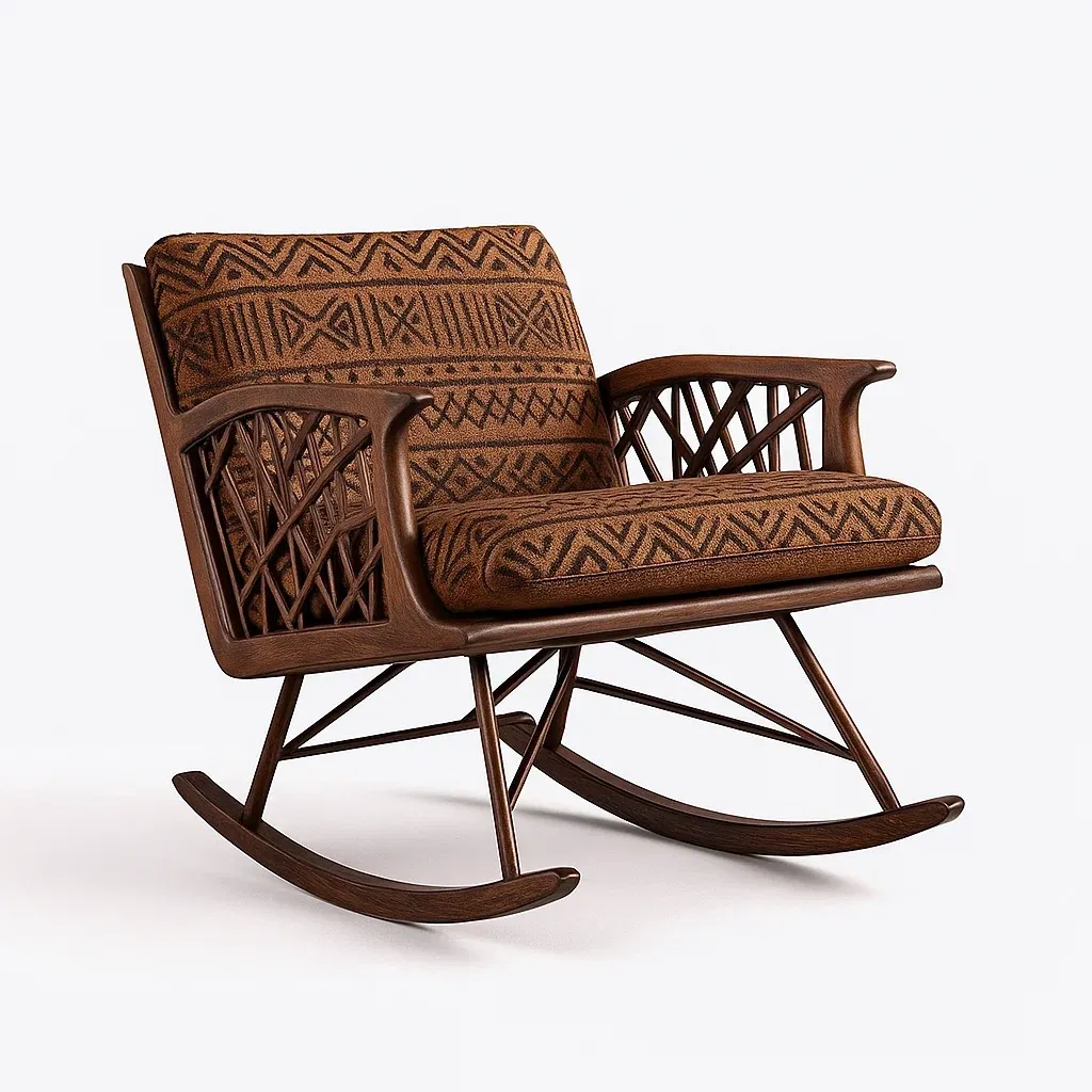 Sedie a dondolo in legno con cuscini geometrici