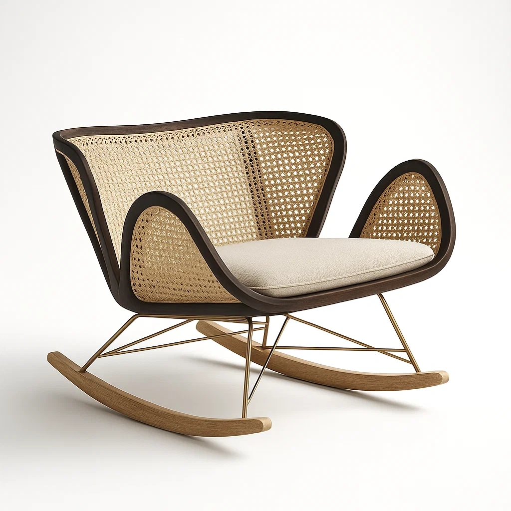 Sedie a dondolo in legno e rattan con cuscino crema