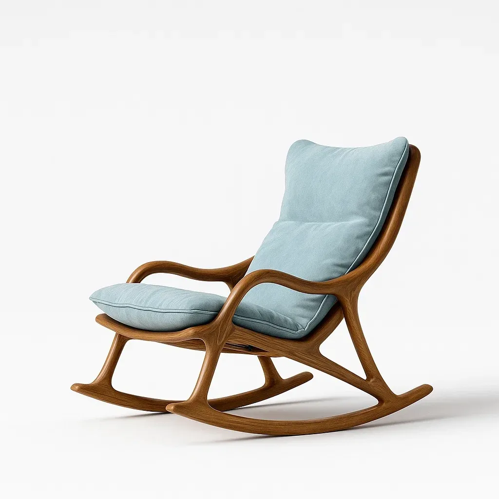 Sedie a dondolo in legno con cuscini azzurri
