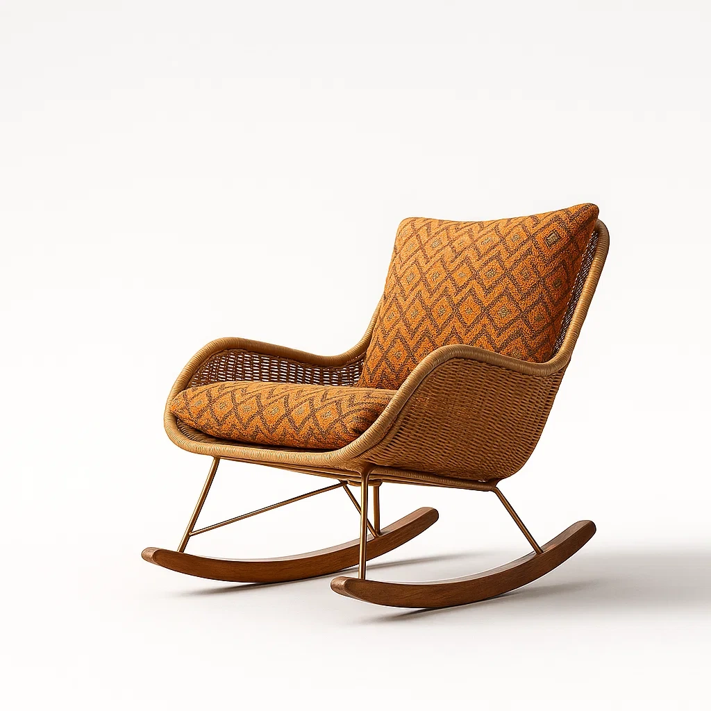 Sedie a dondolo in rattan con seduta imbottita arancione e struttura in legno e metallo