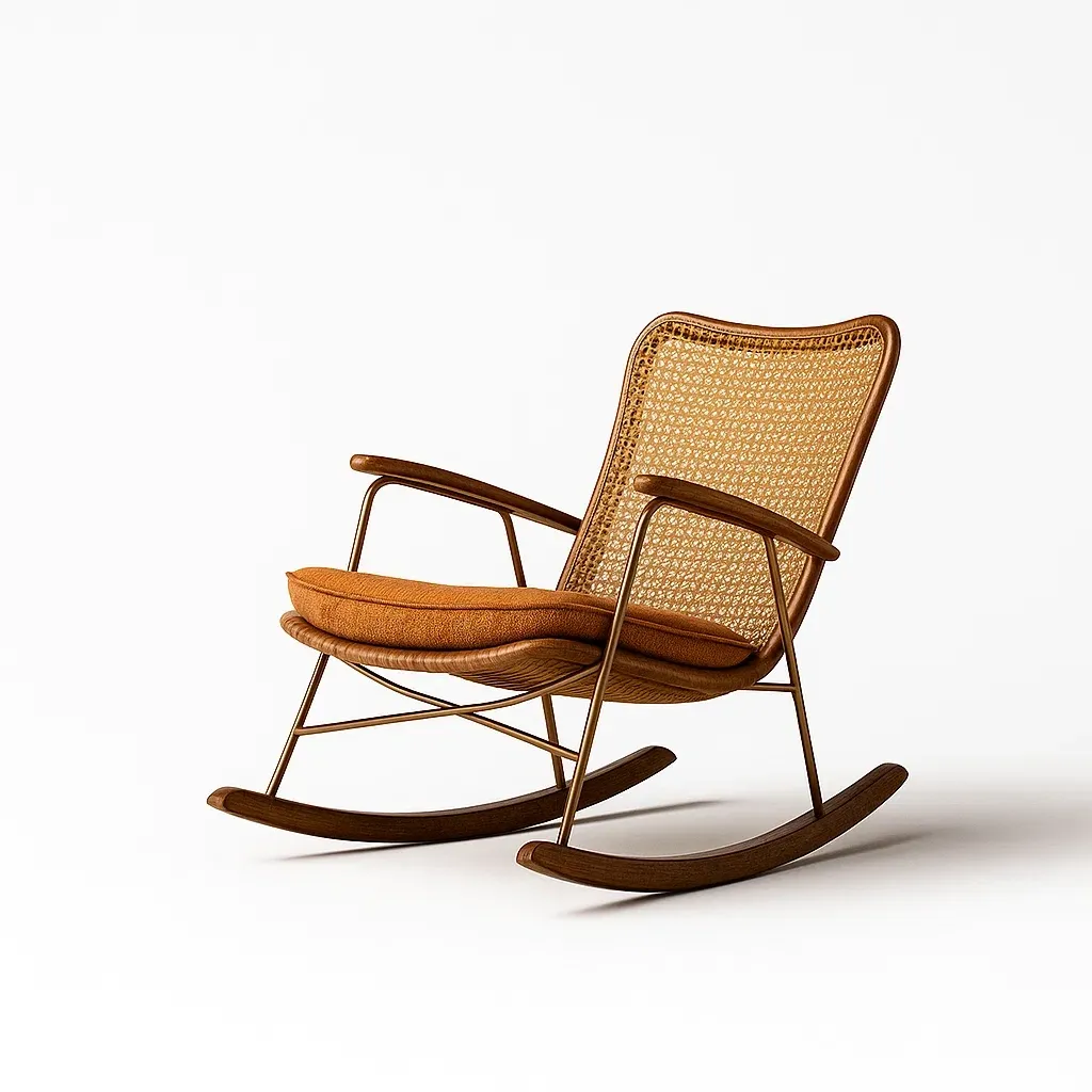 Sedie a dondolo in rattan e metallo con cuscino in cotone arancione