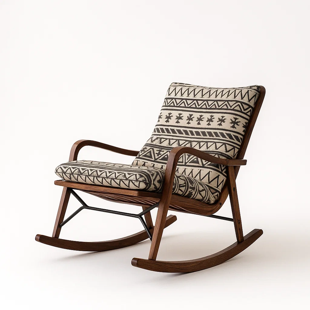 Sedie a dondolo in legno massello con motivo geometrico in cotone