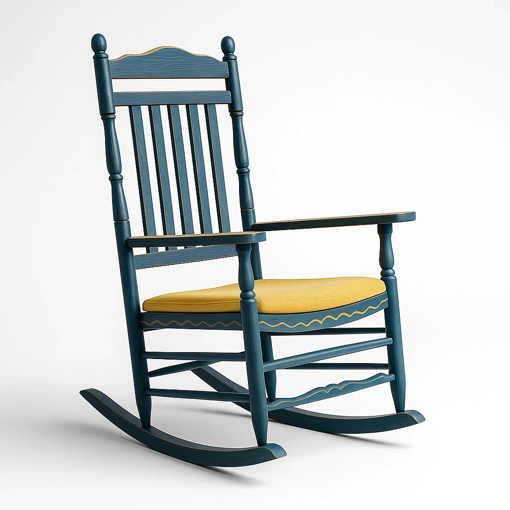 Sedie a dondolo in legno blu con seduta in tessuto giallo